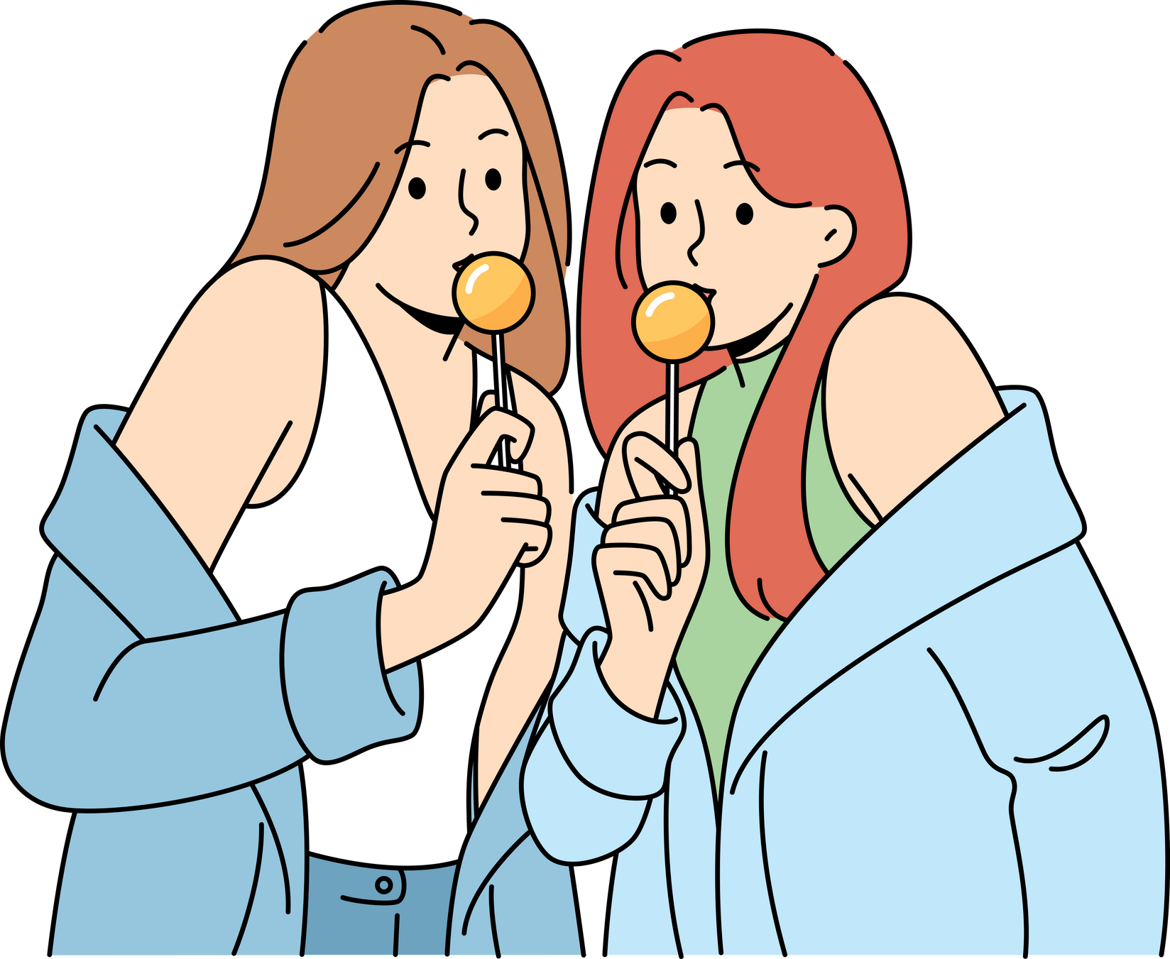 Two women with chupa chups in hands dressed in fashionable  clothes eat lollipops